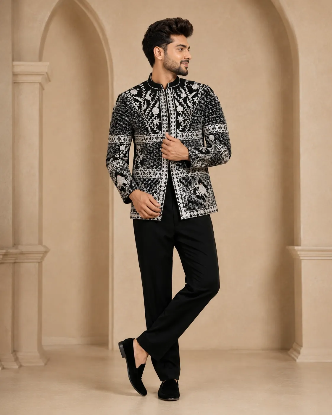 Men's Noir Ivory Artisan Embroidered Indo-Western Bandhgala Set with Trousers | Premium Wedding, Reception & Festive Wear