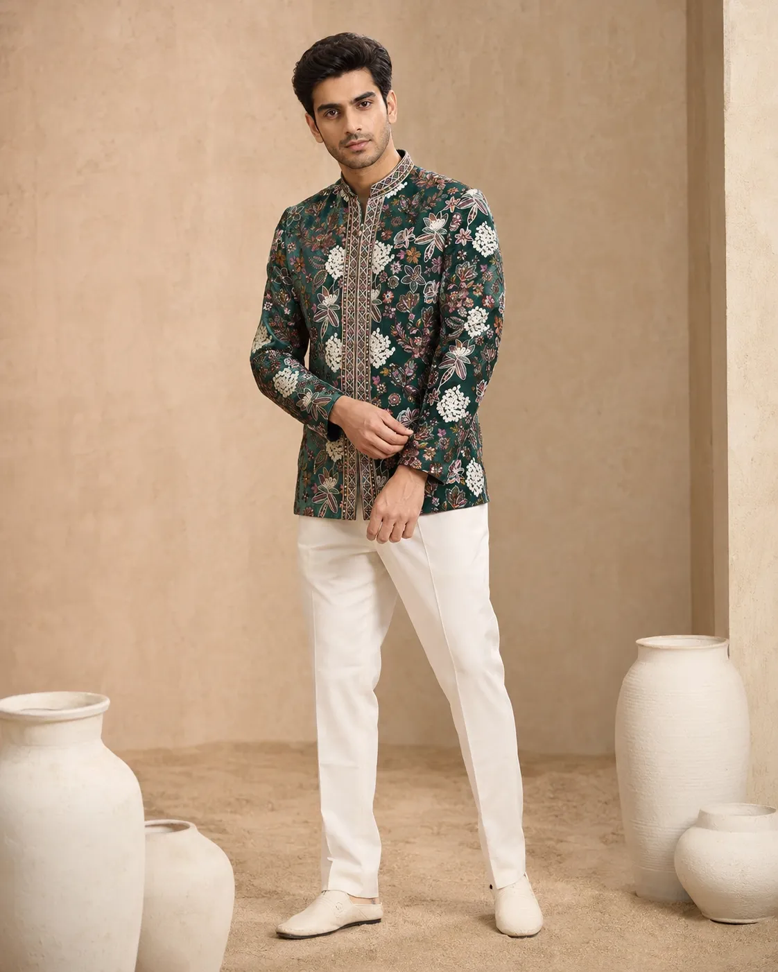 Men's Emerald Botanica Printed Bandhgala Set with White Trousers | Premium Wedding, Mehendi & Festive Wear