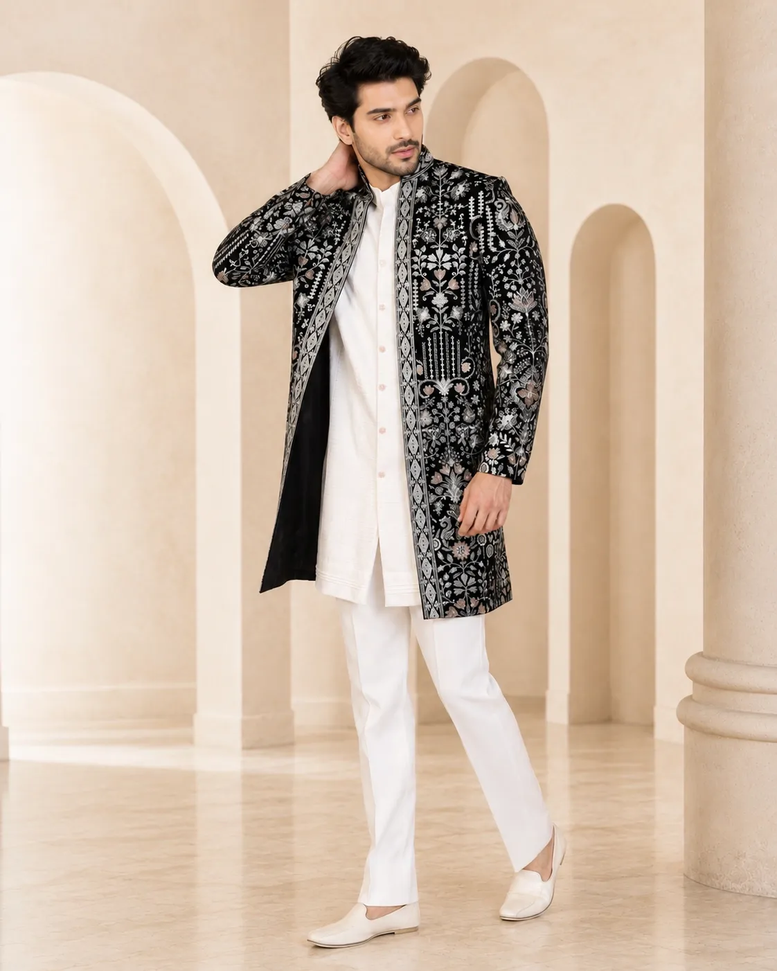 Black Embroidered Indo-Western Set for Men | Premium Wedding Wear