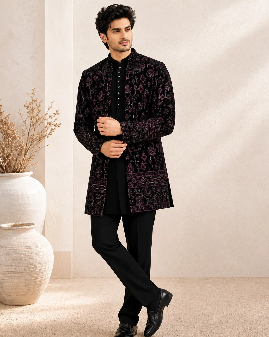 Black & Wine Embroidered Indo-Western Set for Men | Premium Wedding Wear