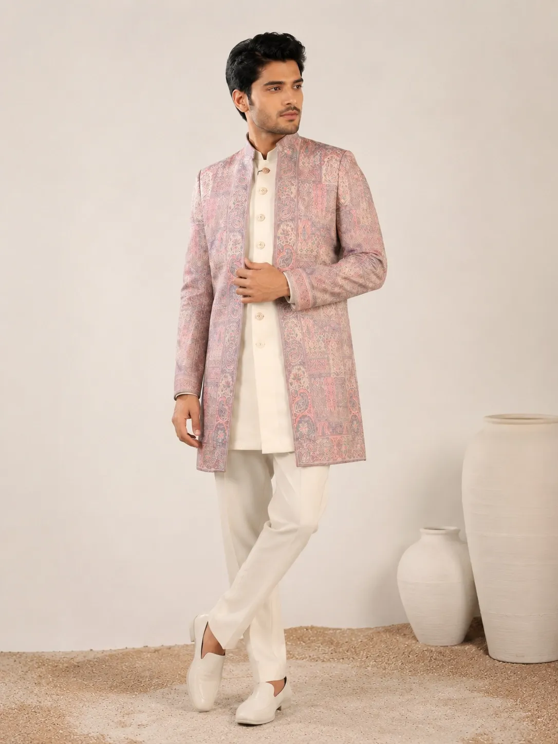 Pastel Pink Embroidered Indo-Western Set for Men | Premium Wedding Wear