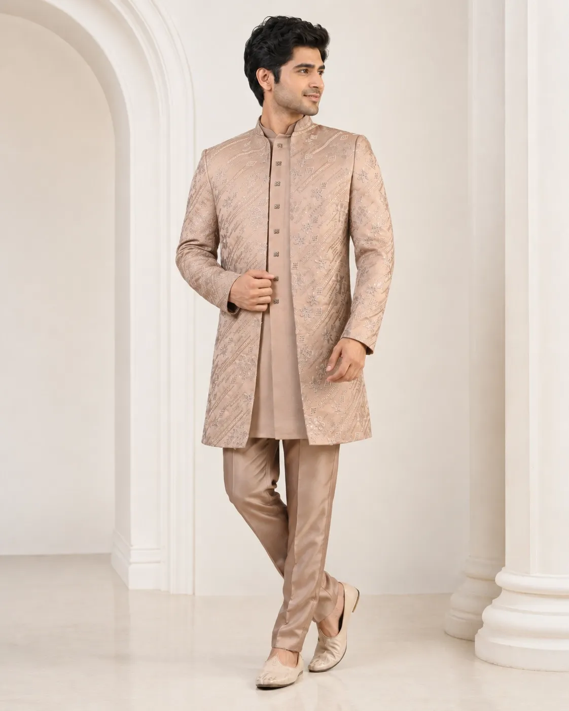 Beige Embroidered Indo-Western Set for Men | Designer Wedding Wear