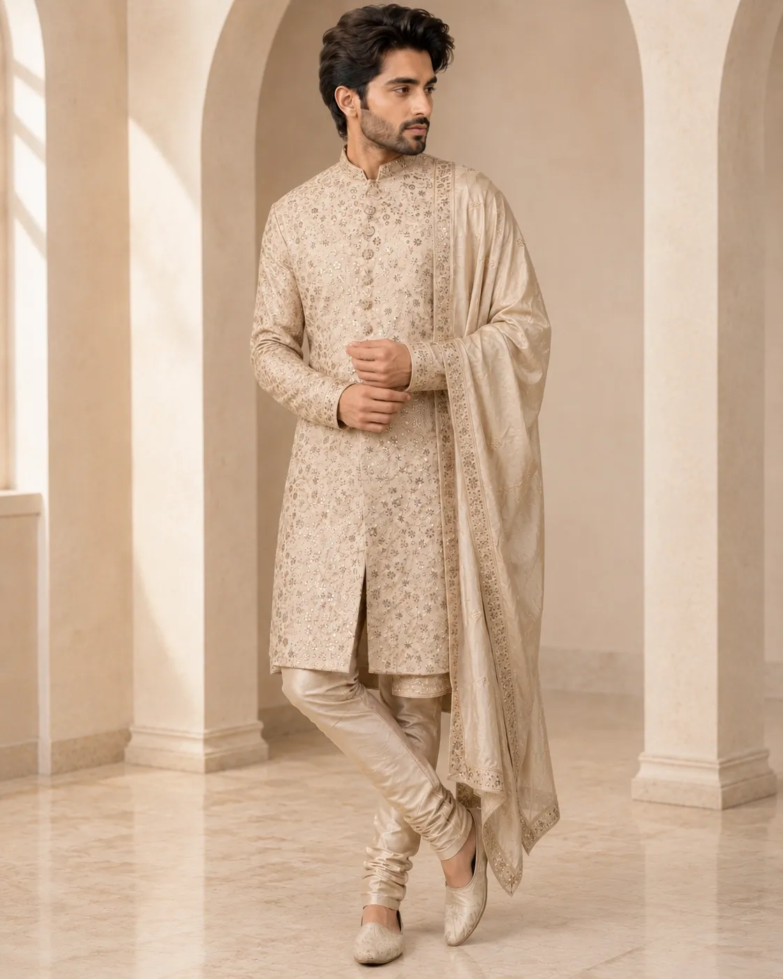 Ivory Embroidered Men's Wedding Sherwani | Premium Groom Wear