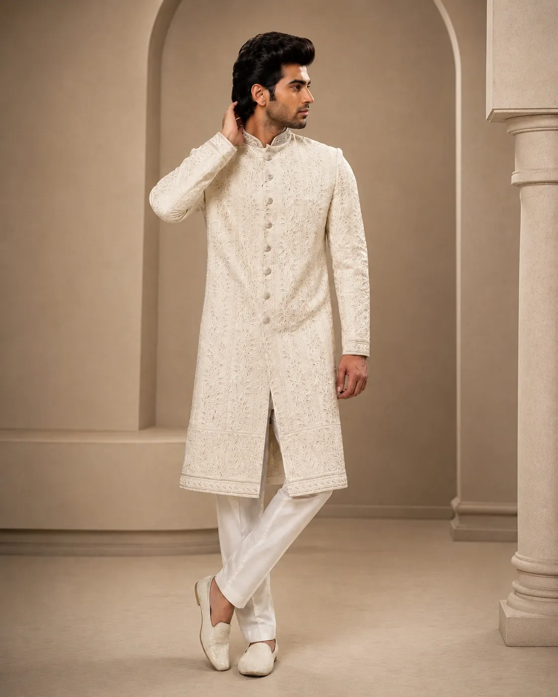 Off-White Embroidered Men's Wedding Sherwani | Premium Groom Wear