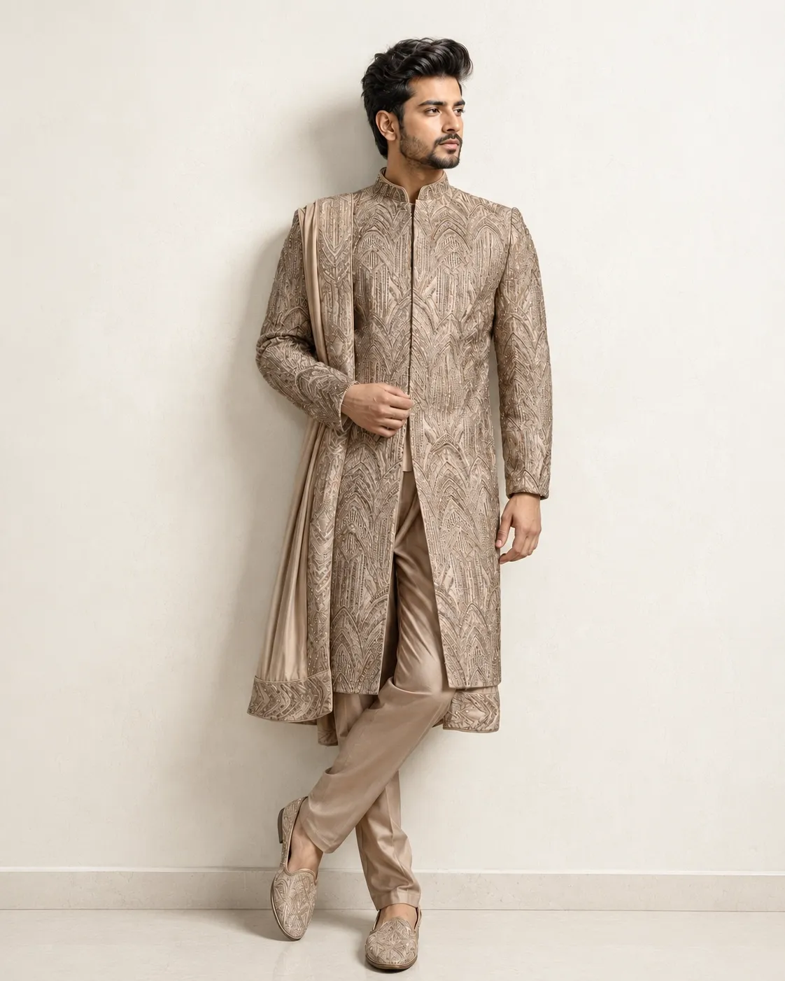 Chiku Embroidered Men's Wedding Sherwani | Premium Groom Wear