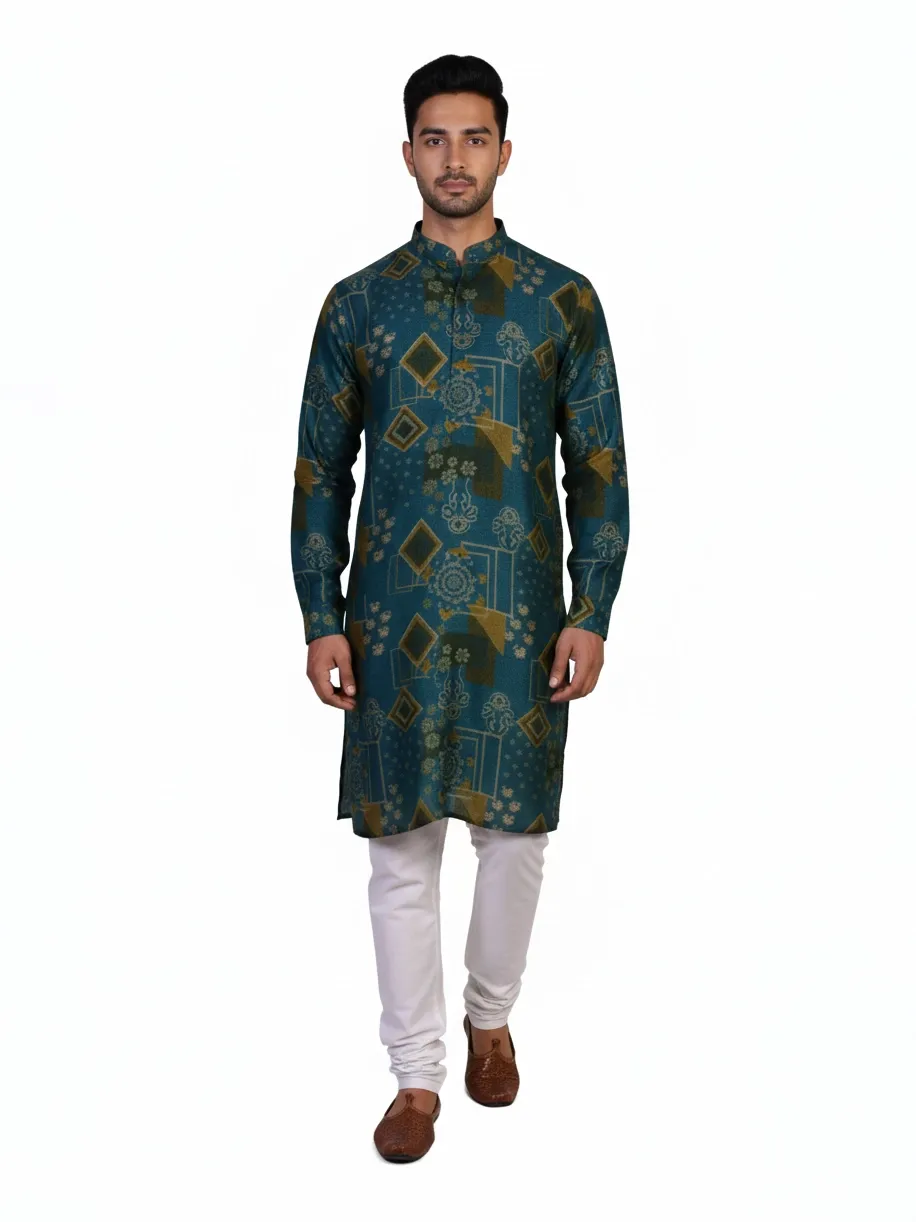 Teal Silk Blend Geometric Printed Men's Kurta | Wedding & Festive Wear