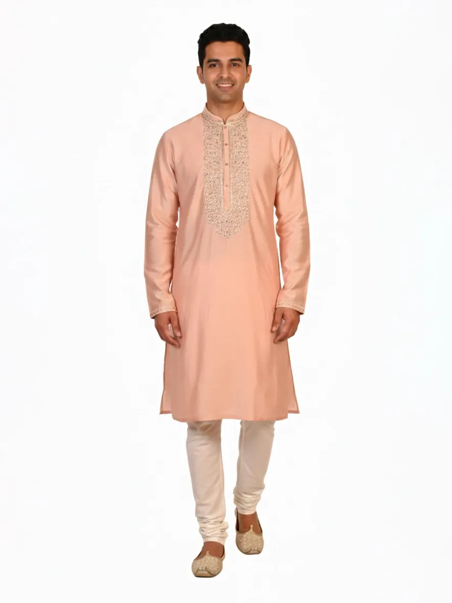 Off-White Cotton Silk Embroidered Men's Kurta | Wedding & Festive Wear