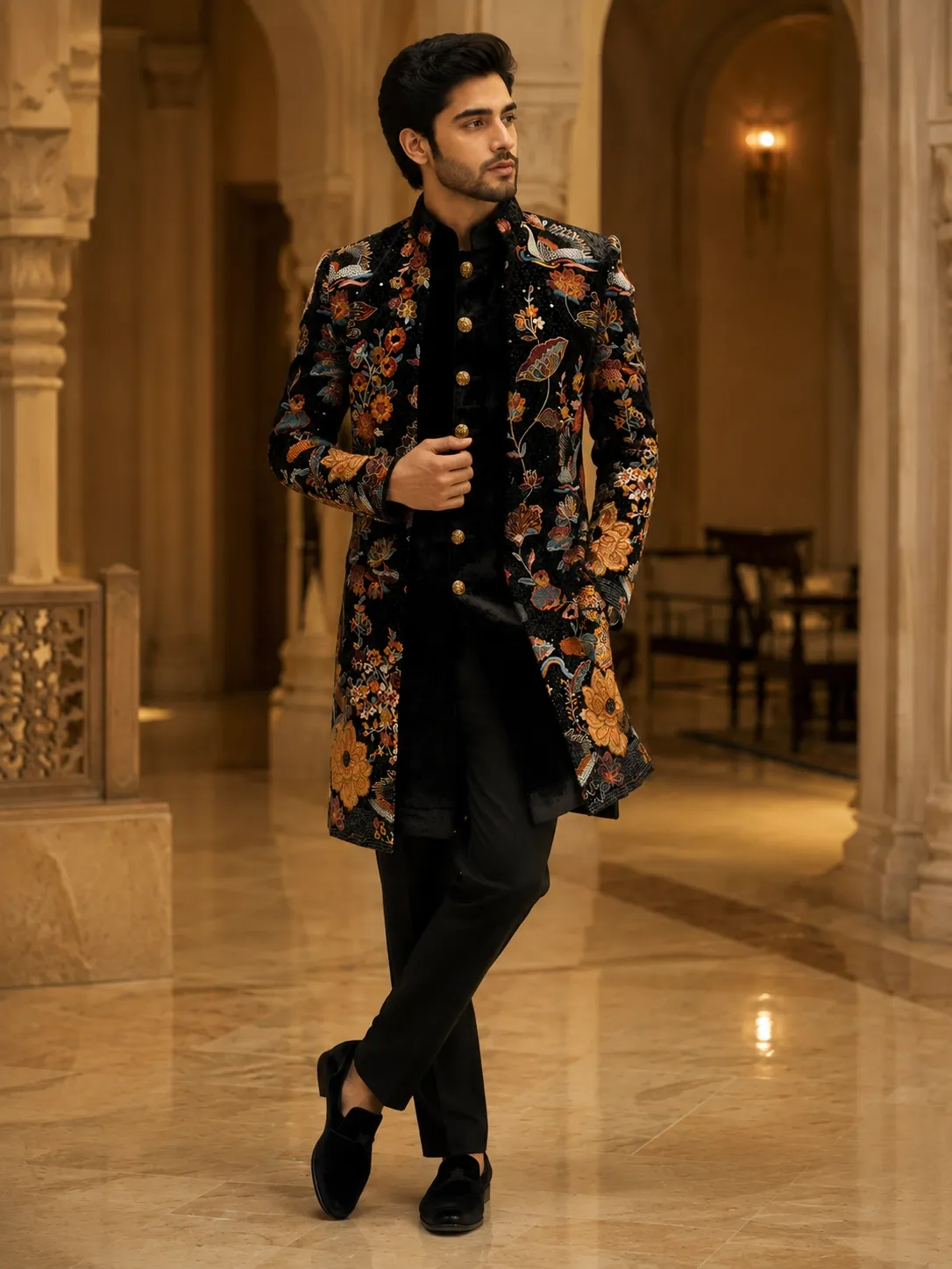 Midnight Black Velvet Floral & Swan Embroidered Sherwani