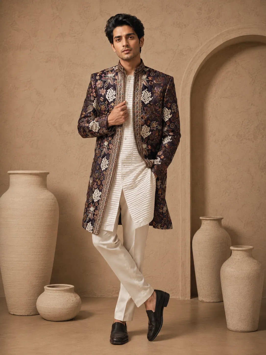 Deep Navy Floral Brocade Indo-Western Sherwani Set