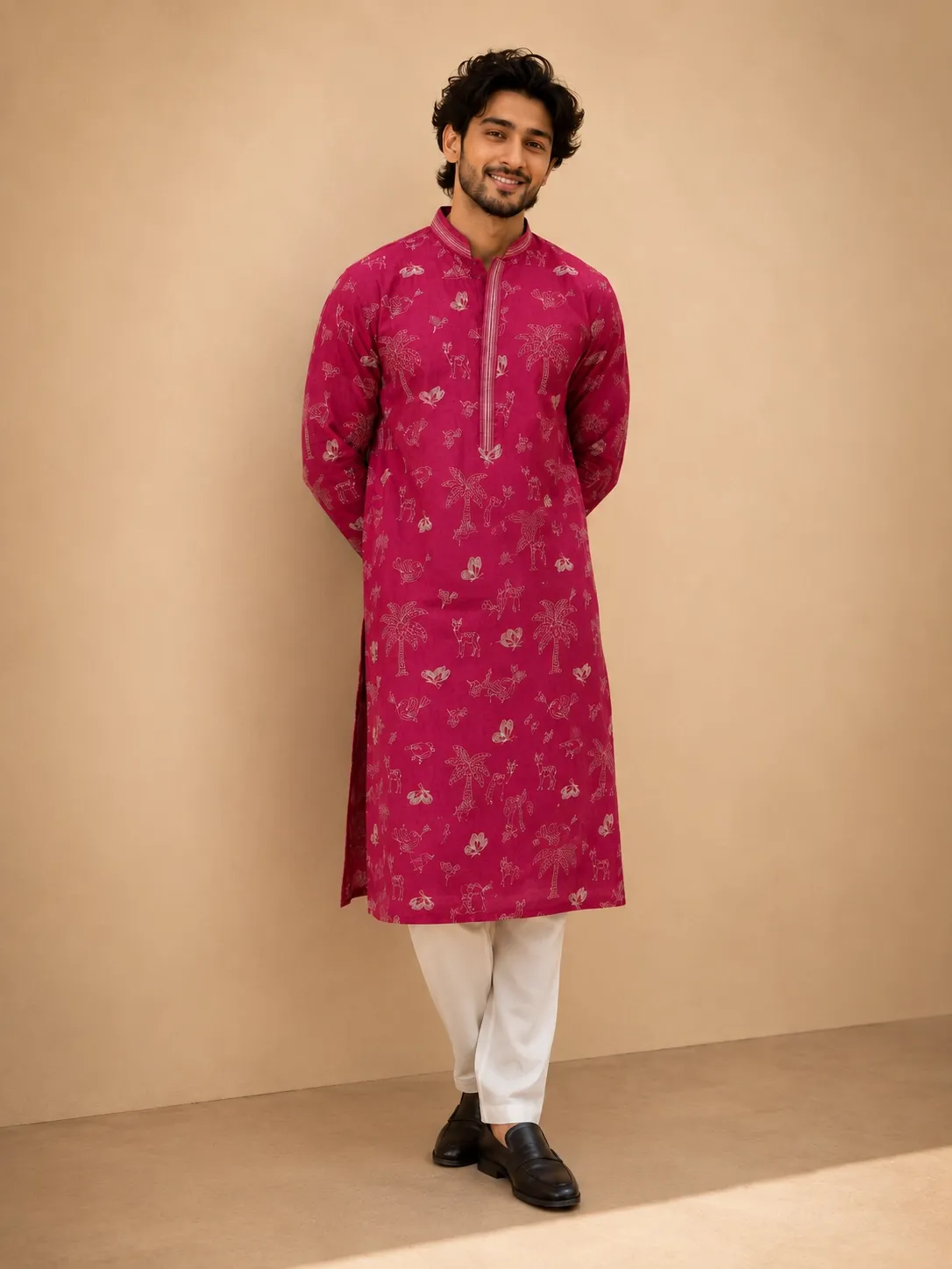 Rani Pink Tropical Motif Printed Kurta Set