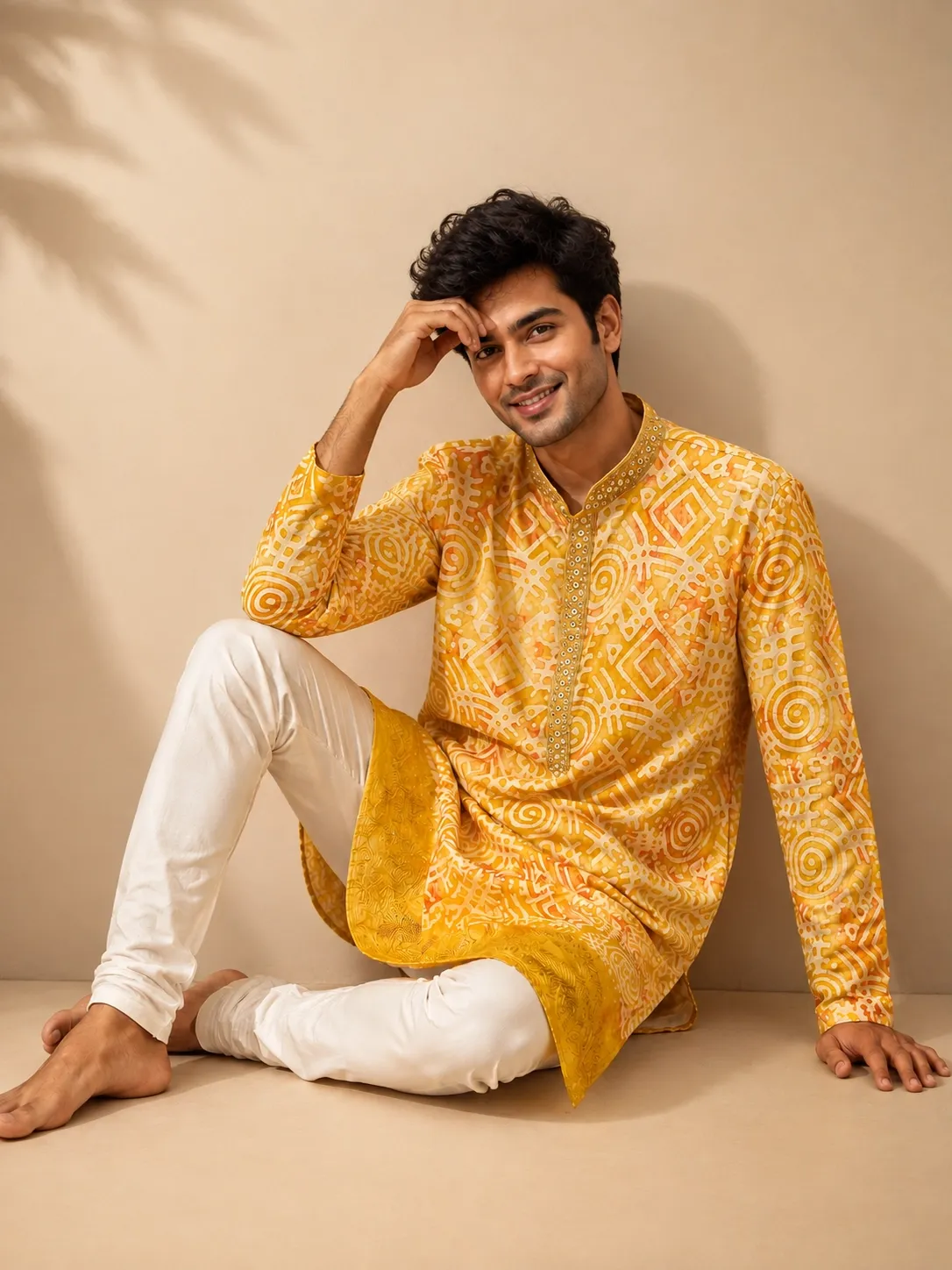 Sunshine Yellow Geometric Printed Silk Kurta Set