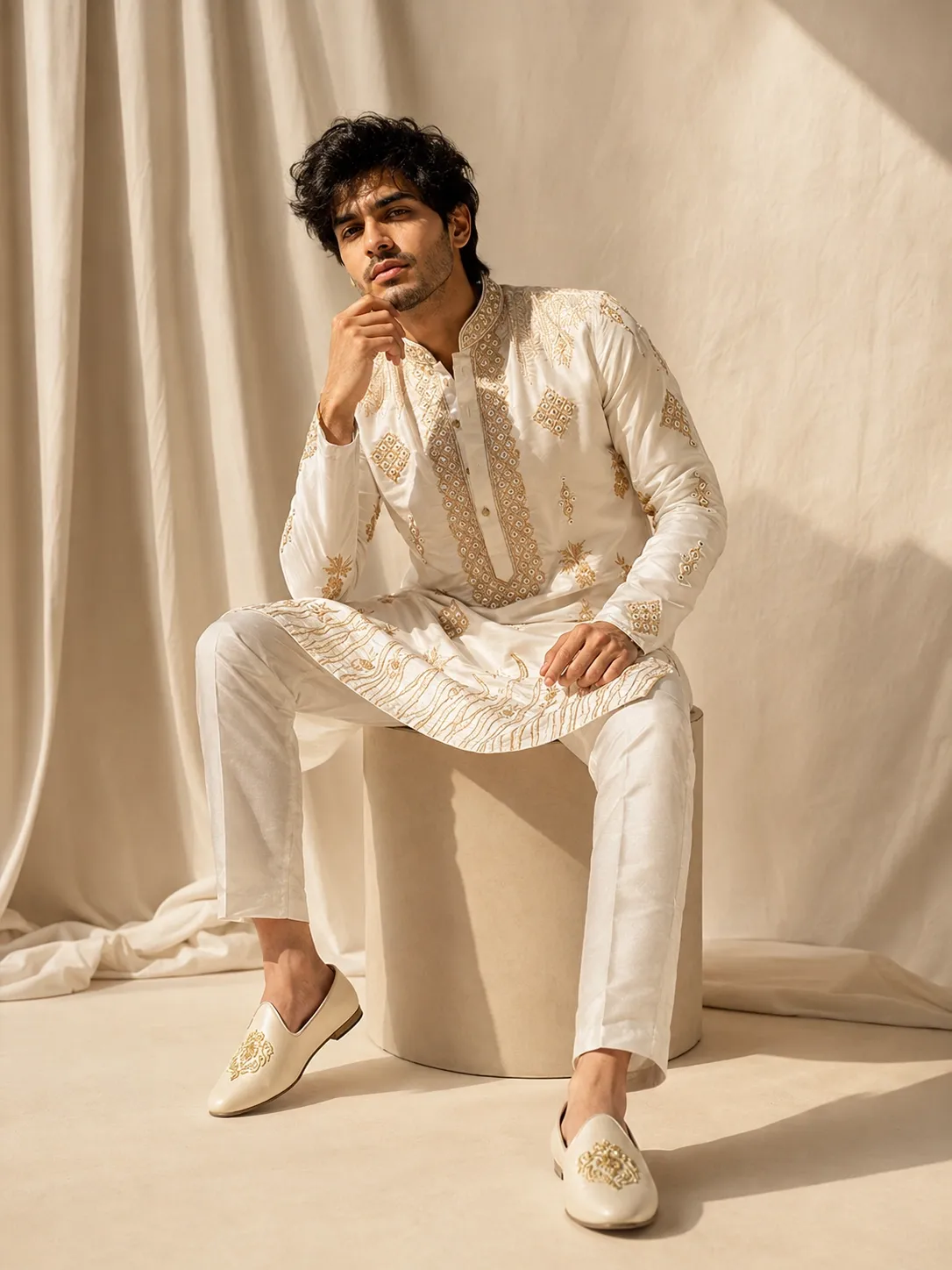 Pearl White Gold Embroidered Silk Kurta Set