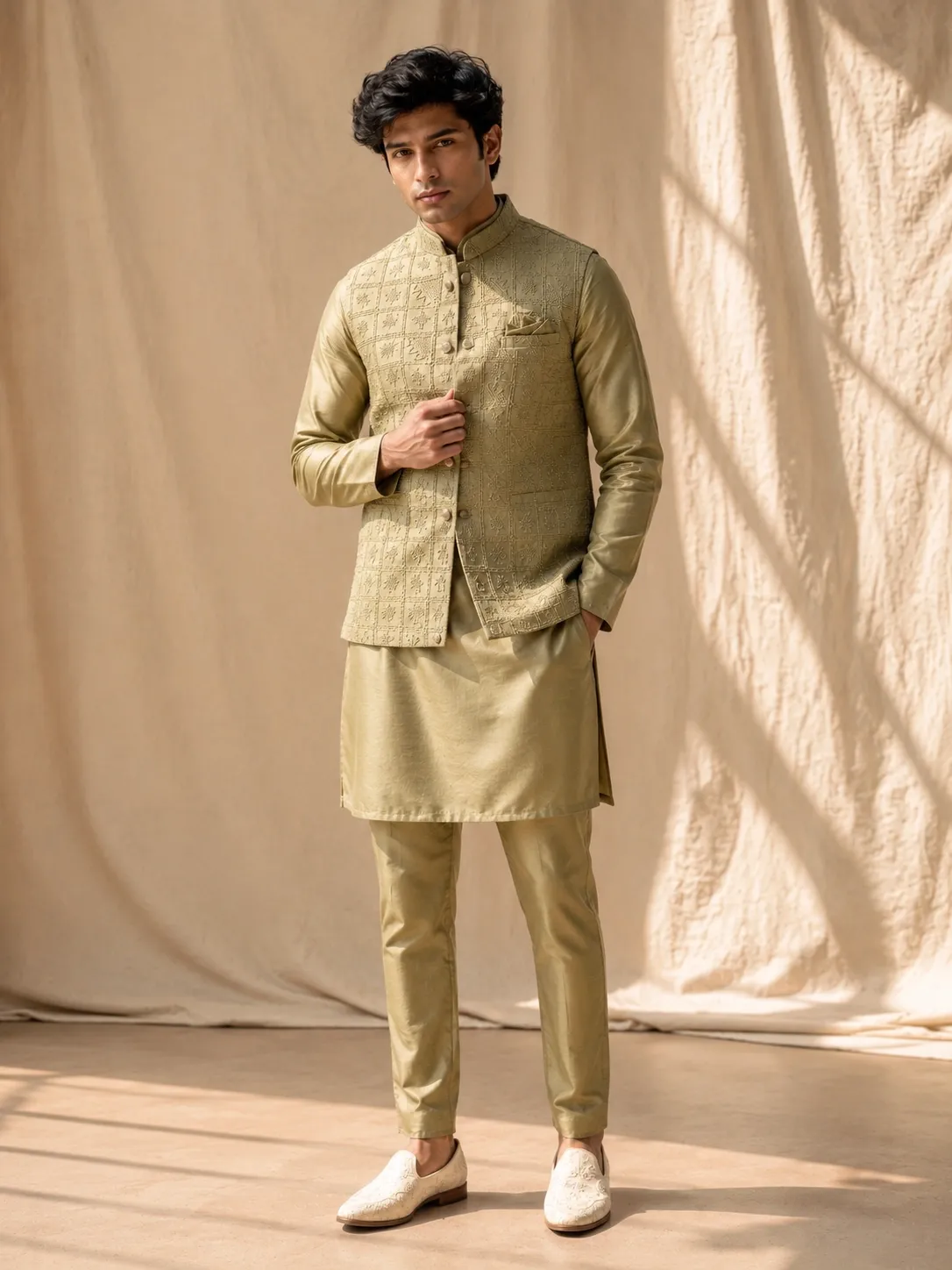 Ivory Gold Embroidered Nehru Jacket Kurta Set
