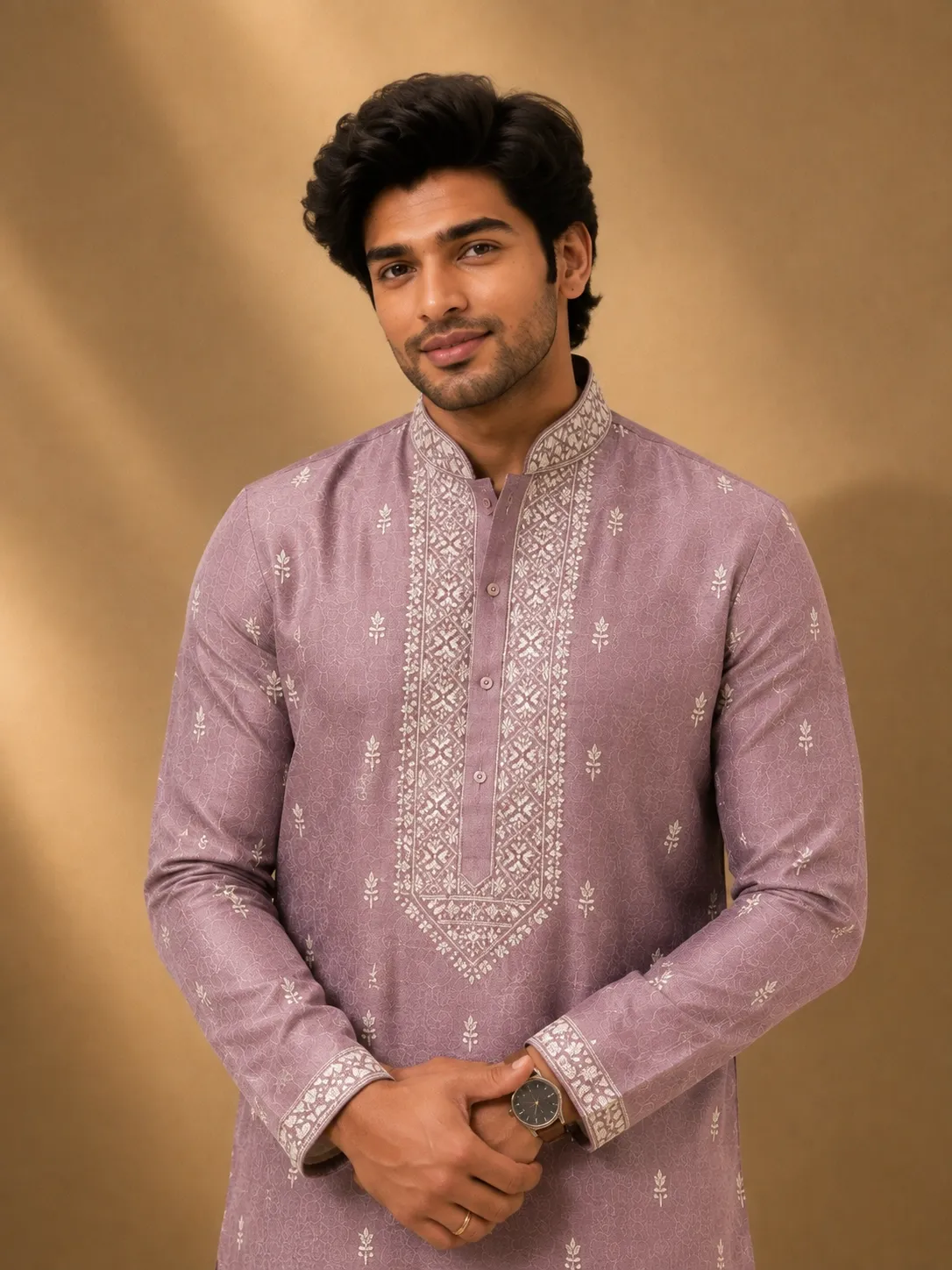 Dusty Mauve Embroidered Silk Kurta Set