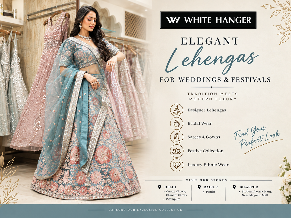 Discover Elegant Designer Lehengas for Weddings and Festive Celebrations at White Hanger