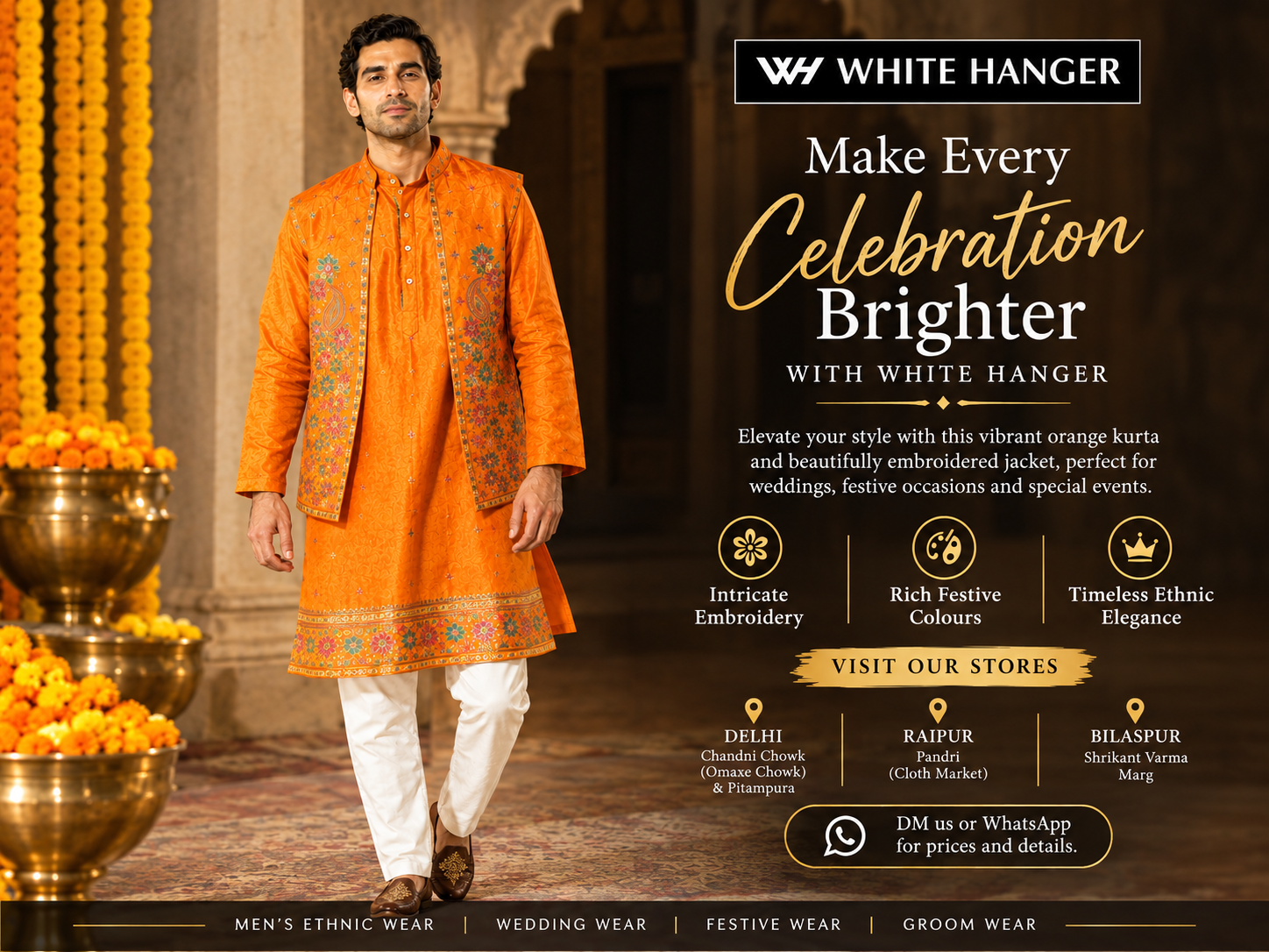 Best Orange Kurta Jacket Set for Men: Wedding & Festive Wear by White Hanger