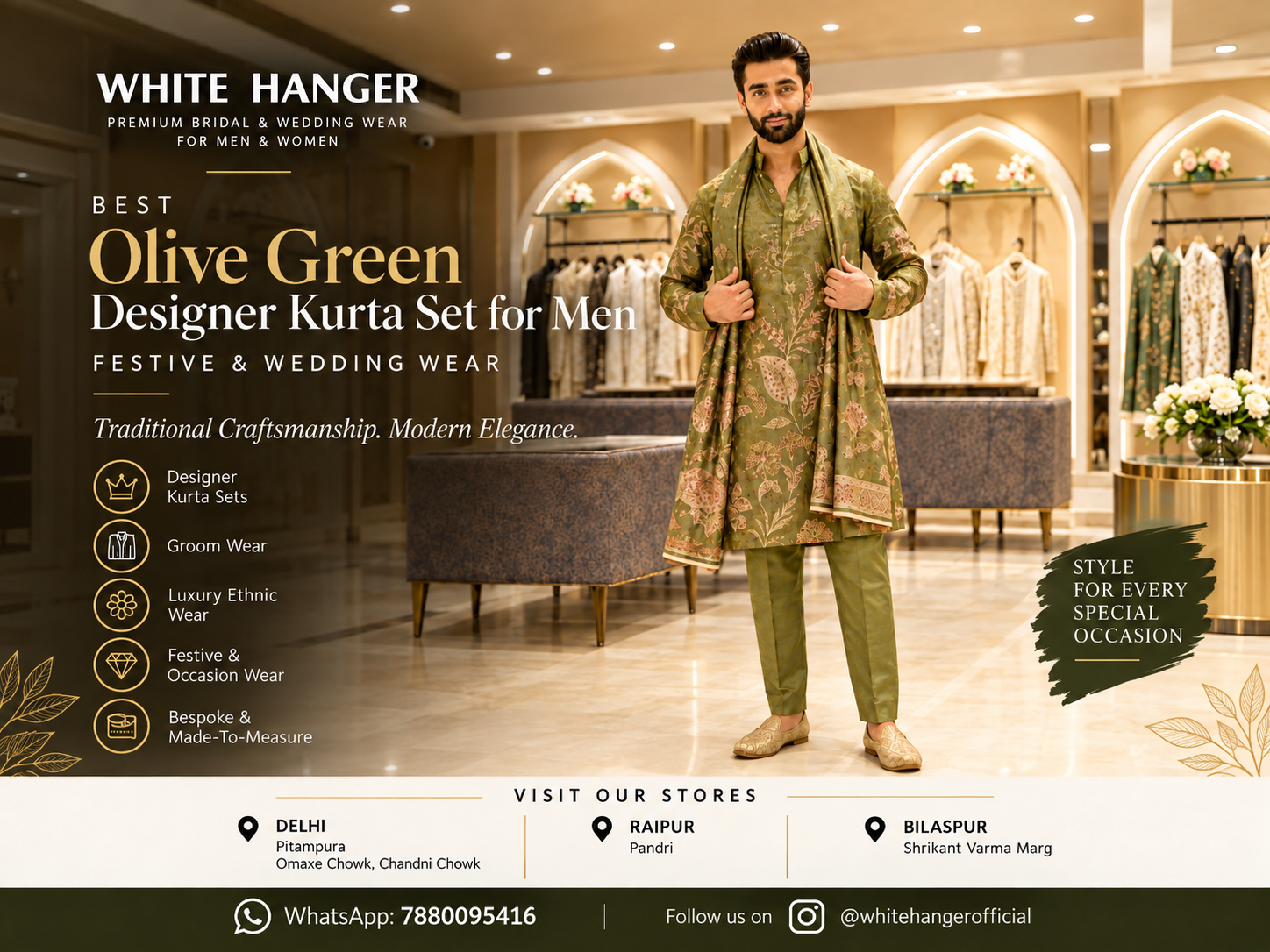 Best Olive Green Designer Kurta Set for Men | Festive & Wedding Wear – White Hanger