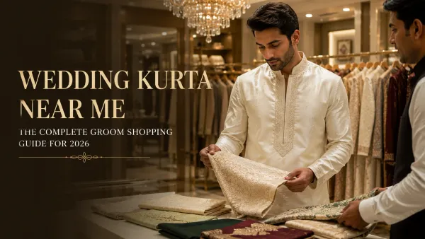 Groom wearing an ivory Tussar silk wedding kurta with subtle embroidery while selecting outfits in a premium ethnic wear showroom, showcasing 2026 wedding fashion trends