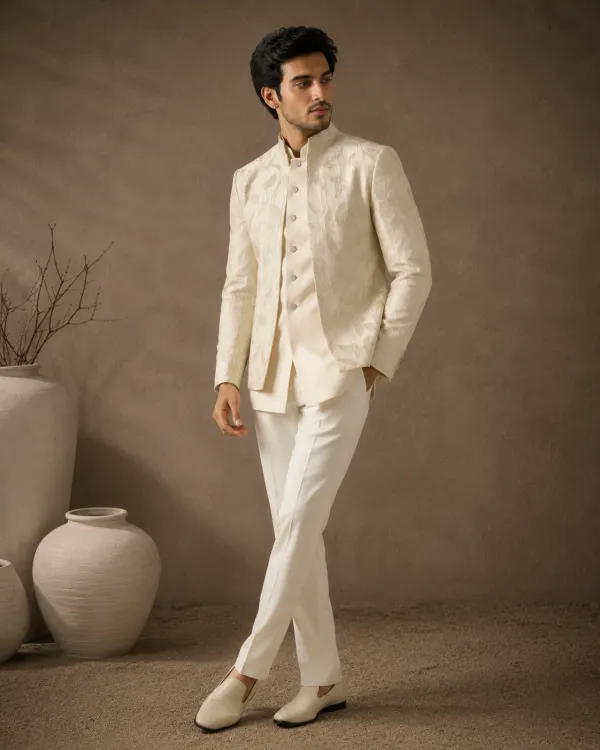 Men's Ivory Royale Embroidered Indo-Western Jacket Set with Kurta & Trousers | Premium Wedding & Reception Wear