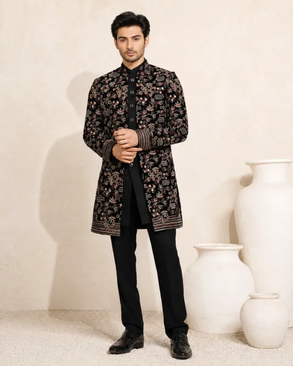 Men's Noir Heritage Black Embroidered Sherwani with Trousers | Premium Wedding, Reception & Festive Wear