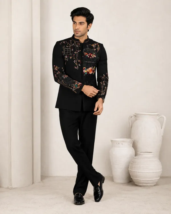 Men's Noir Aviary Black Embroidered Indo-Western Bandhgala Set with Trousers | Premium Wedding, Reception & Festive Wear