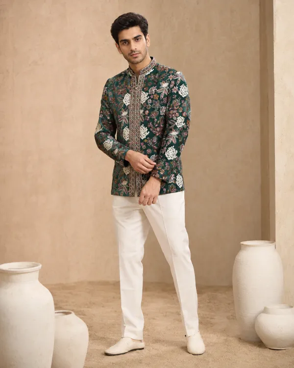 Men's Emerald Botanica Printed Bandhgala Set with White Trousers | Premium Wedding, Mehendi & Festive Wear