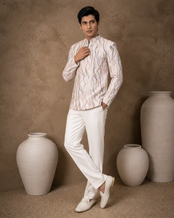 Men's Ivory Prism Printed Bandhgala Set with White Trousers | Premium Festive, Mehendi & Day Wedding Wear