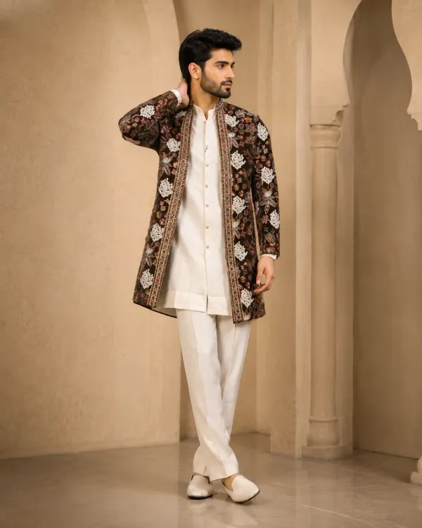 Men's Ivory Noir Heritage Indo-Western Jacket Set with Kurta & Trousers | Premium Wedding, Reception & Festive Wear