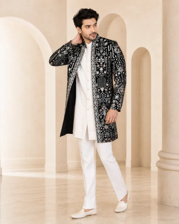 Black Embroidered Indo-Western Set for Men | Premium Wedding Wear