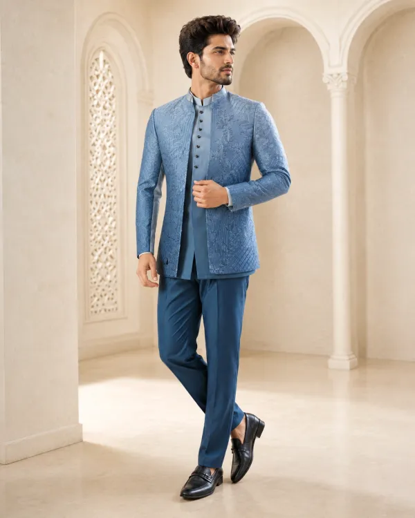 Dusty Blue Jacquard Indo-Western Set for Men | Premium Wedding Wear