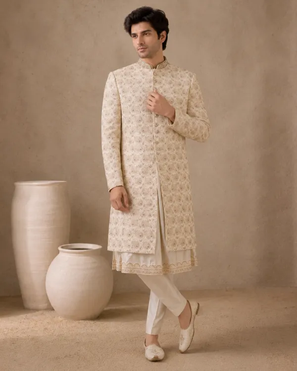 Cream Embroidered Men's Sherwani Set with Dupatta | Premium Wedding Wear