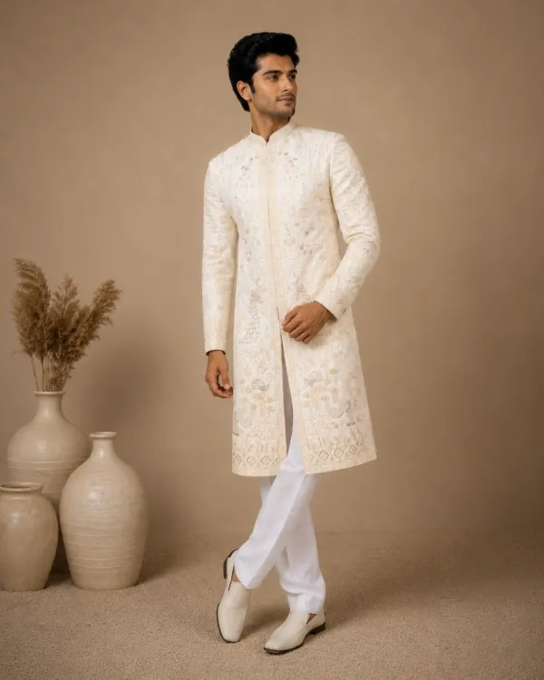 Luxury Cream Embroidered Premium Wedding Sherwani for Men