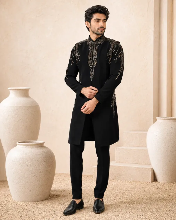 Navy & Black Embroidered Indo-Western Jacket Set for Men | Wedding & Festive Wear