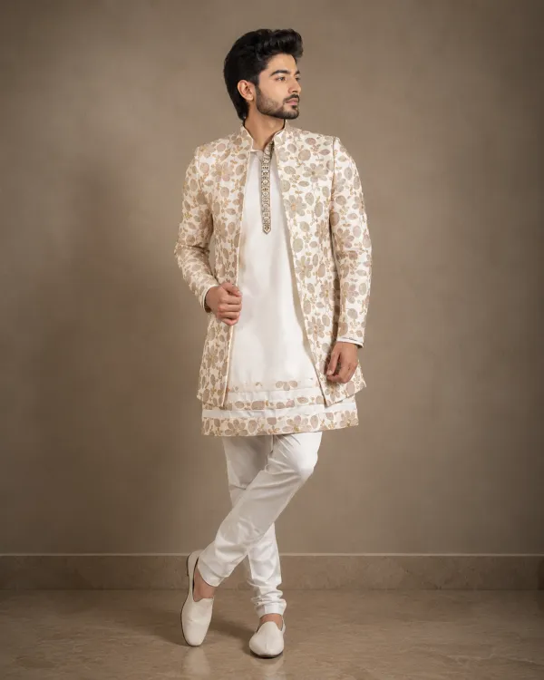 Cream Embroidered Indo-Western Jacket Set for Men | Wedding & Festive Wear