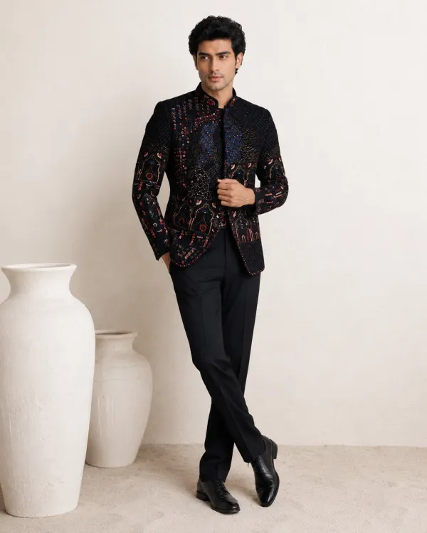 Black Multicolor Embroidered Bandhgala Suit for Men | Premium Wedding & Reception Wear