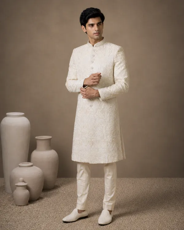 Cream Embroidered Men's Wedding Sherwani | Premium Groom Wear