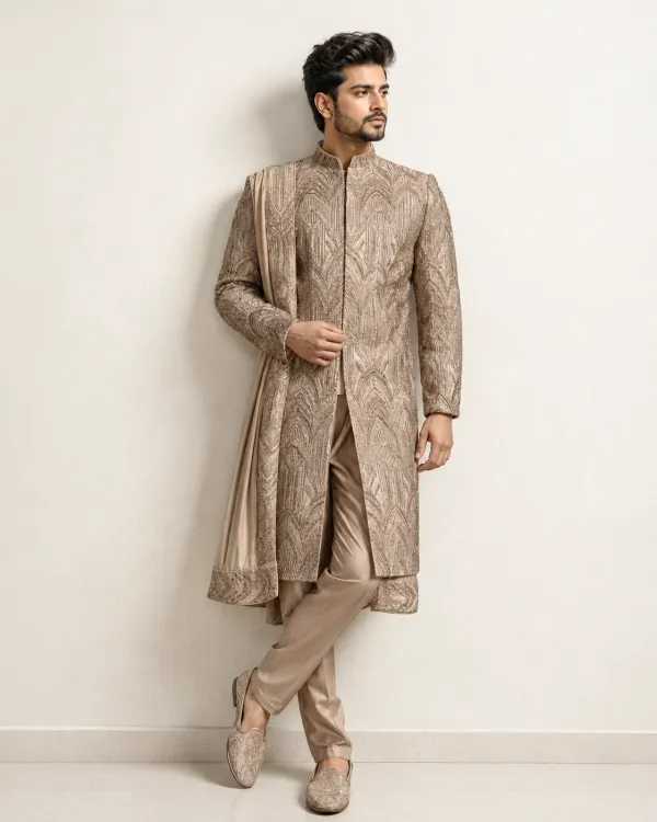 Chiku Embroidered Men's Wedding Sherwani | Premium Groom Wear