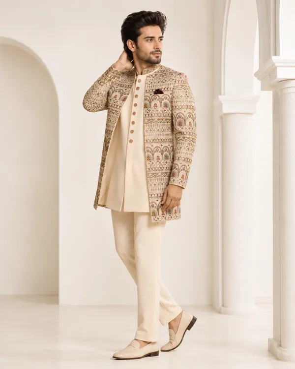 Beige Embroidered Men's Wedding Sherwani | Groom & Reception Wear