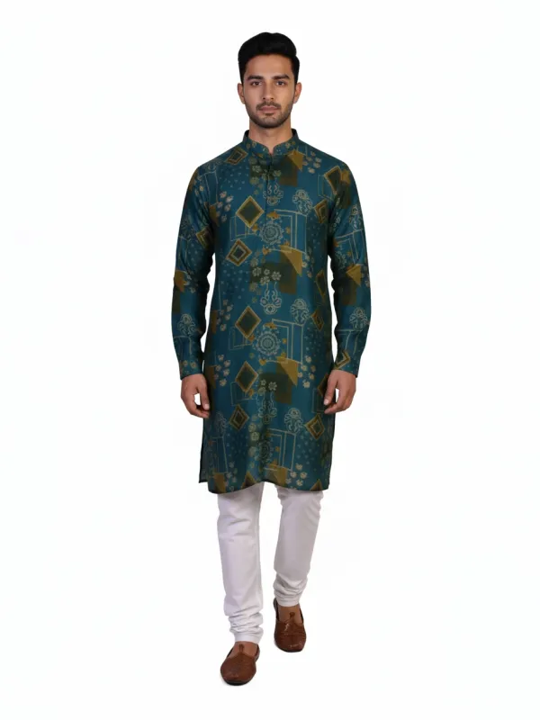 Teal Silk Blend Geometric Printed Men's Kurta | Wedding & Festive Wear