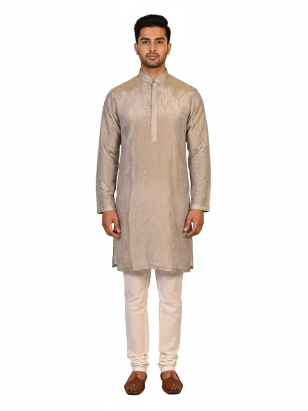 Grey Tissue Silk Embroidered Men's Kurta | Wedding & Festive Wear