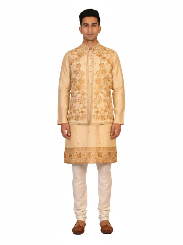 Light Golden Cotton Blend Embroidered Men's Kurta | Wedding & Festive Wear