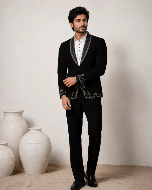 Black Embroidered Men's Tuxedo Suit | Premium Reception & Cocktail Wear