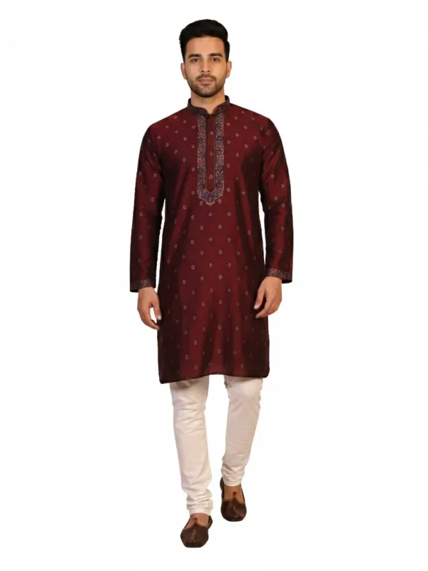 White Hanger Maroon Silk Blend Embroidered Men's Kurta | Wedding & Festive Wear