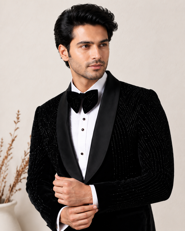 Men's Midnight Eclipse Black Velvet Tuxedo with Satin Shawl Lapel | Premium Wedding, Reception & Black-Tie Wear