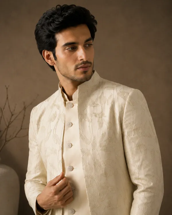 Men's Ivory Royale Embroidered Indo-Western Jacket Set with Kurta & Trousers | Premium Wedding & Reception Wear