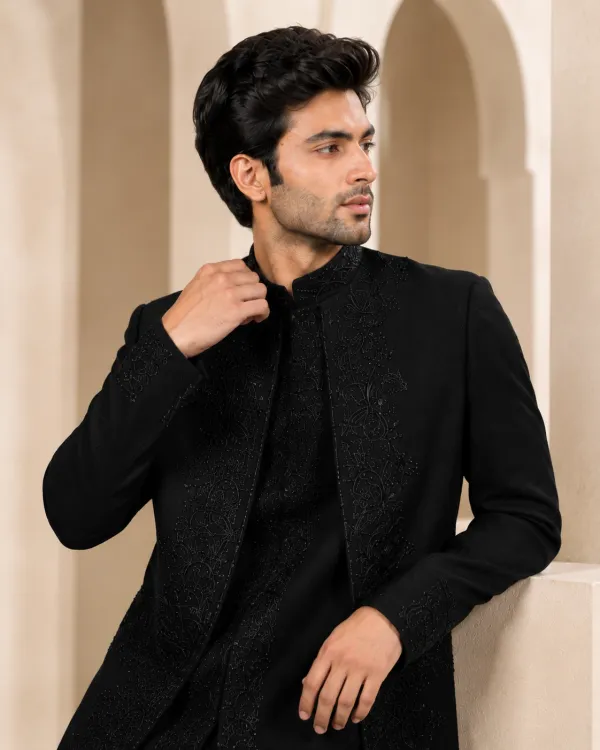 Men's Imperial Noir Black Embroidered Sherwani Set with Trousers | Premium Wedding & Reception Wear