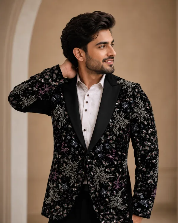 Black Embellished Men's Tuxedo Suit | Premium Reception & Party Wear