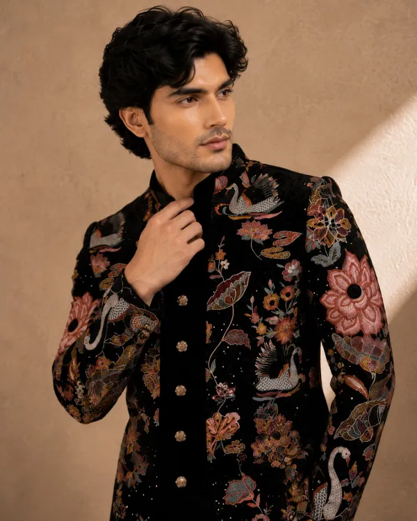 Men's Noir Jardin Black Floral Embroidered Sherwani with Trousers | Premium Wedding, Reception & Festive Wear