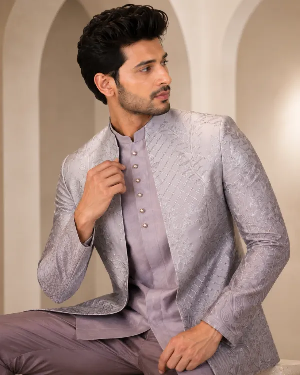 Men's Silver Mist Jacquard Indo-Western Jacket Set with Kurta & Trousers | Premium Wedding, Reception & Engagement Wear