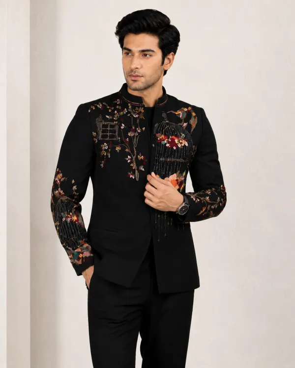 Men's Noir Aviary Black Embroidered Indo-Western Bandhgala Set with Trousers | Premium Wedding, Reception & Festive Wear